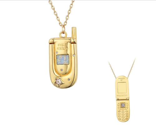 Y2K Flip Phone Pendant Necklace | Gold Retro Cell Phone Charm